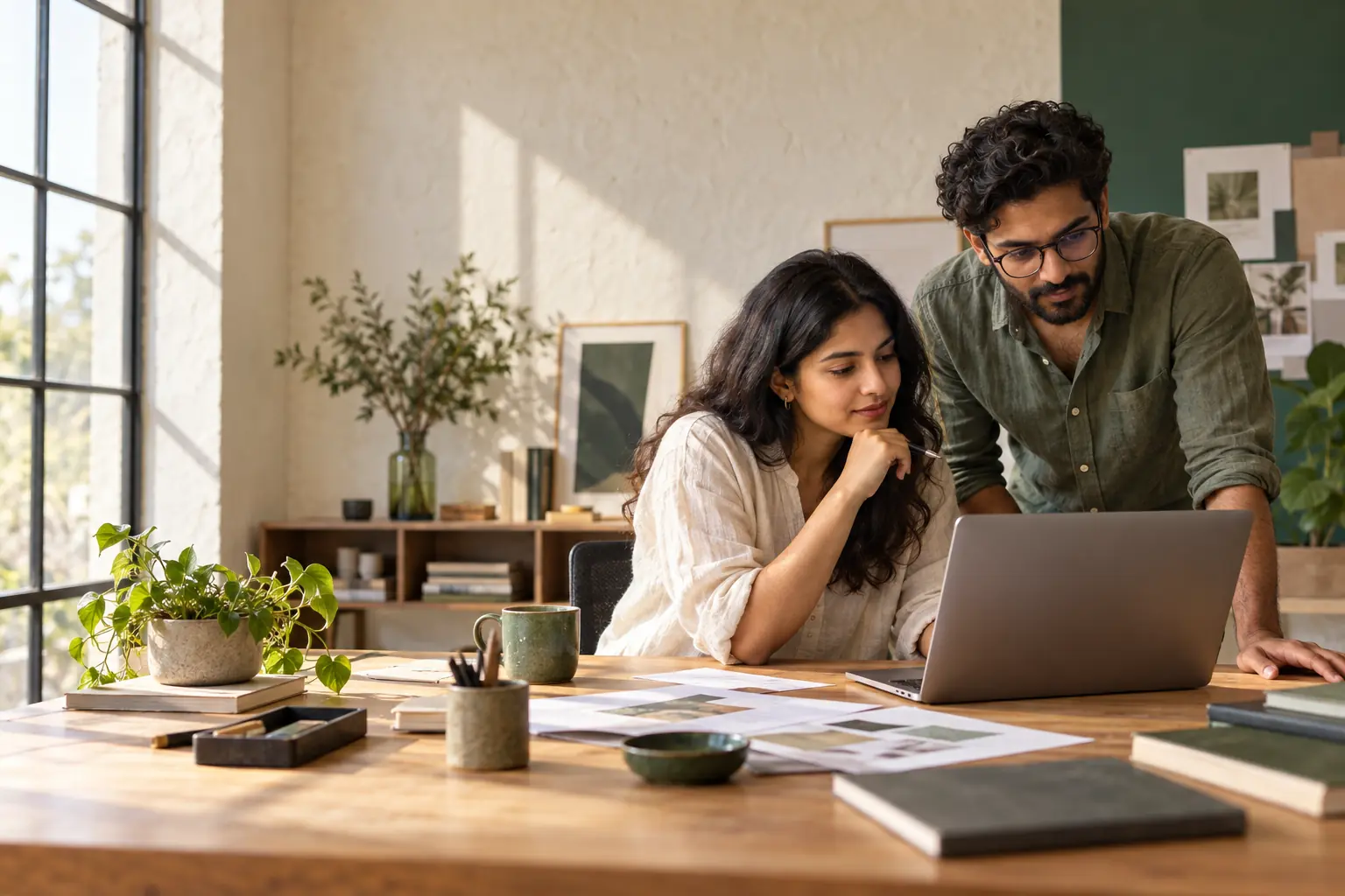 Two creators reviewing a laptop and printed visuals in a sunlit studio